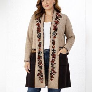 Max Sport Women Beige Brown Floral Open Front Cardigan Duster Sweater Size L NWT